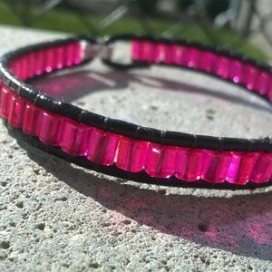 7.50" LIMITED Magenta Pink Barrel Glass Bracelet ***HOT*** Leather Show Stopper!